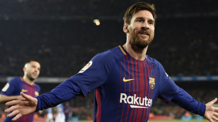 Megabintang FC Barcelona, Lionel Messi, merayakan gol yang dia cetak ke gawang Espanyol dalam laga leg kedua perempat final Copa del Rey di Stadion Camp Nou, Barcelona, pada 25 Januari 2018. LLUIS GENE/AFP/BOLASPORT.COM