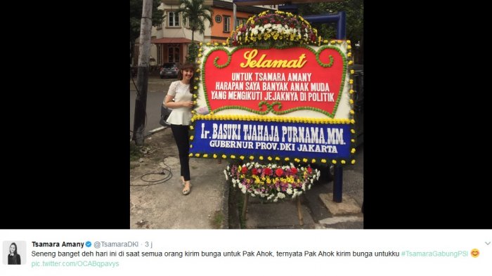 Milenal Tsamara Amany mendapat karangan bunga dari Ahok setelah memutuskan bergabung dengan PSI.