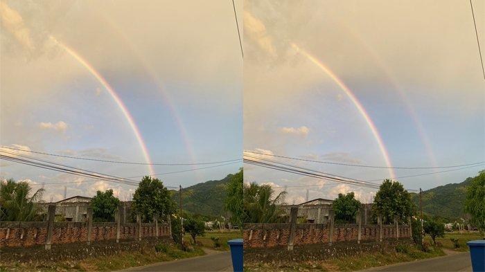 Kolase foto fenomena langka, twinned rainbows atau pelangi kembar yang terjadi di langit Aceh Besar, Kamis (16/6/2022) sore.