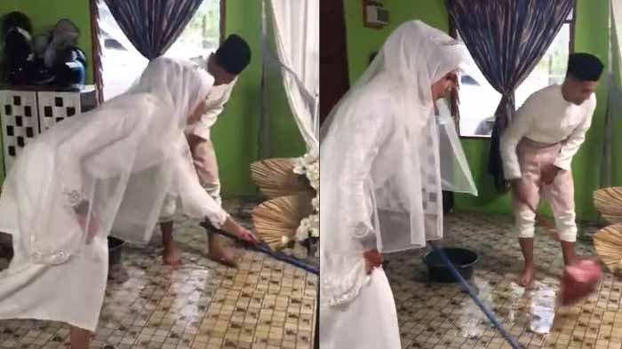 Video memperlihatkan pengantin baru kompak mengeluarkan air dari dalam rumah setelah terkena banjir dengan memakai baju pengantin viral di medsos.