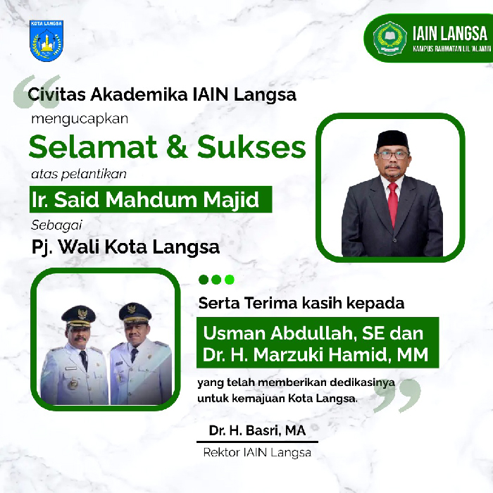 Ucapan Selamat dari Civitas Akademika IAIN Langsa kepada PJ Wali Kota Langsa