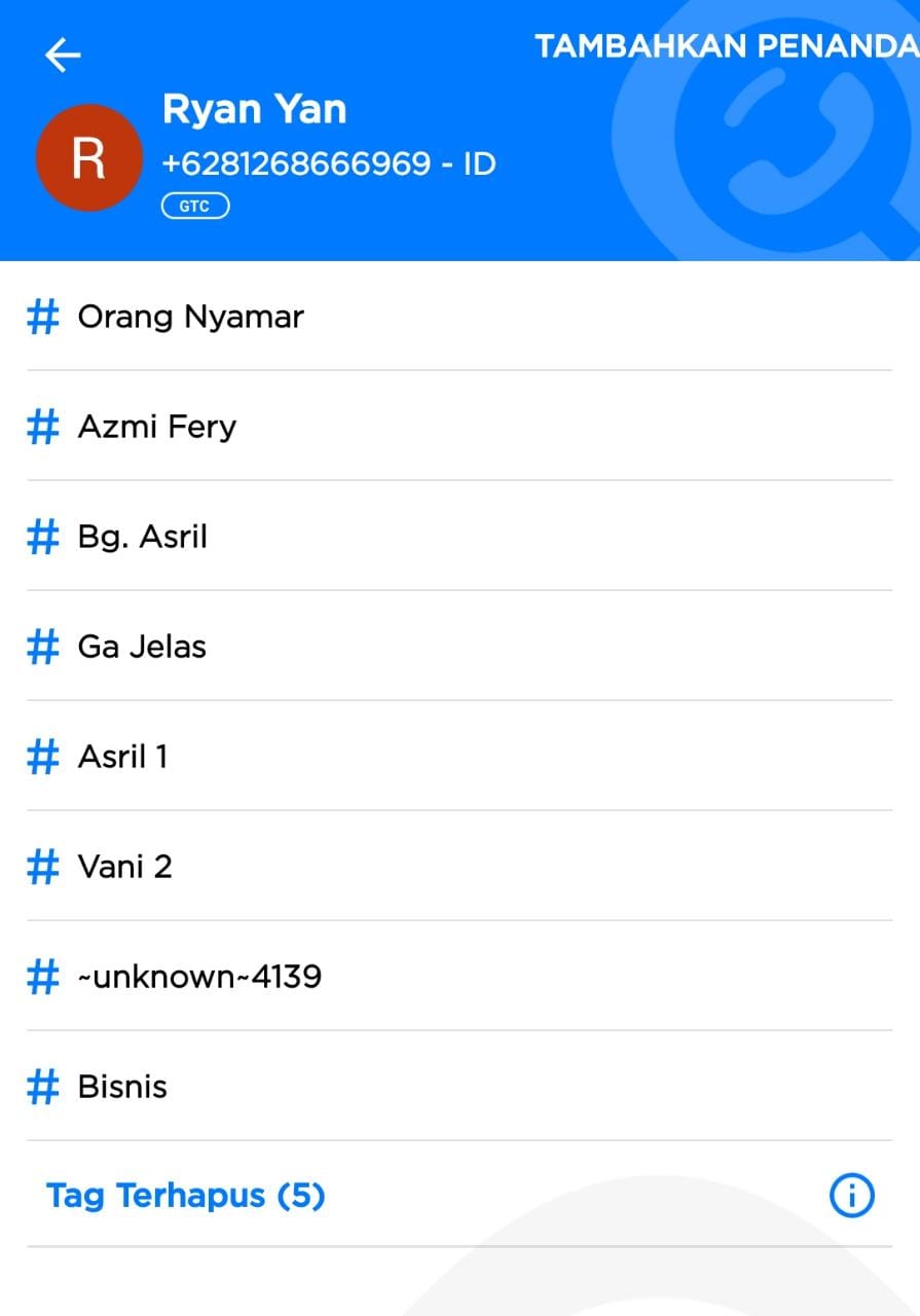Pencarian di GetContact dengan nomor akun yang mengatasnamakan Tgk Faisal Ali