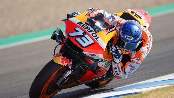 Pembalap Repsol Honda, Alex Marquez saat tampil pada sesi latihan bebas MotoGP Andalusia di Sirkuit Jerez, Spanyol, 24 Juli 2020.