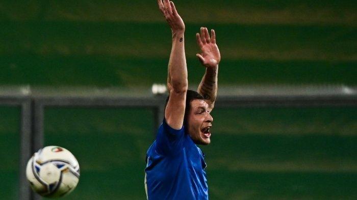 Andrea Belotti bereaksi di UEFA Nations League A Grup 1 Italia vs Polandia pada 15 November 2020 di stadion Mapei di Reggio Emilia.