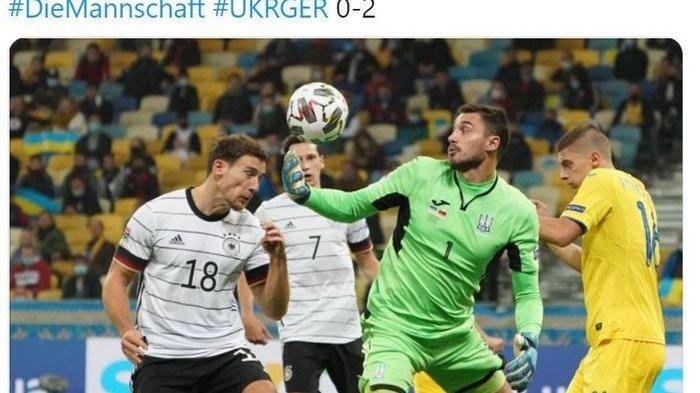 Gelandang timnas Jerman, Leon Goretzka saat mencetak gol ke gawang Ukraina dalam laga UEFA Nations Leafue Liga A Grup 4 Stadion NSK Olimpiyskiy, Kyiv, Ukraina pada Sabtu (10/10/2020) atau Minggu dini hari WIB