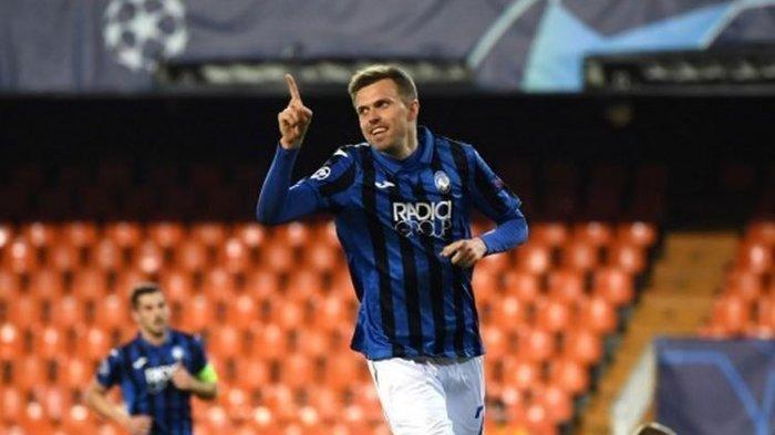 Josip Ilicic merayakan gol yang ia cetak pada laga Valencia vs Atalanta yang digelar di Estadio de Mestalla, Rabu (11/3/2020) dini hari WIB.