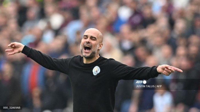 Reaksi manajer Manchester City Spanyol Pep Guardiola selama pertandingan sepak bola Liga Inggris antara West Ham United dan Manchester City di Stadion London, di London pada 15 Mei 2022. JUSTIN TALLIS / AFP