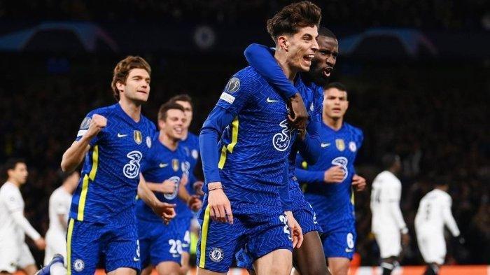 Selebrasi pemain Chelsea, Kai Havertz setelah membobol gawang Lille dalam lanjutan leg pertama babak 16 besar Liga Champions di Stamford Bridge, Rabu (23/2/2022) dini hari.
