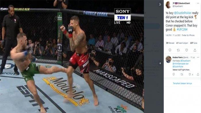 Conor McGregor melepaskan tendangan yang ditangkis oleh Dustin Poirer. Aksi ini ditengarai membuat kaki McGregor retak, kemudian patah saat menjejak matras.