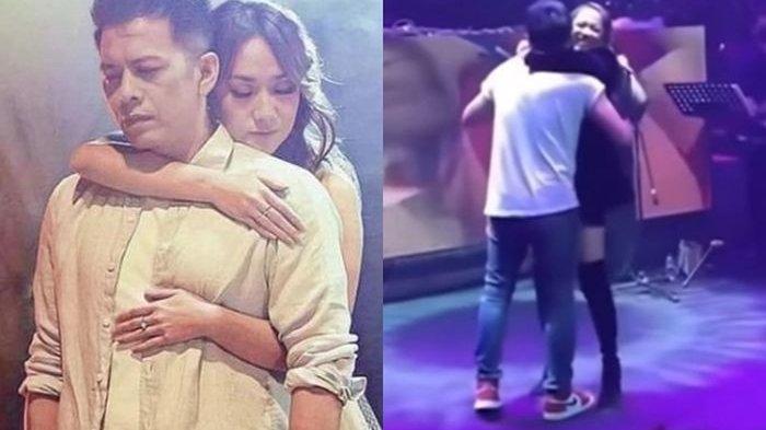 Kolase foto Bunga Citra Lestari atau BCL memeluk Ariel NOAH dari belakang dan Ariel Noah memberikan kejutan dengan memeluk BCL di atas panggung konser.