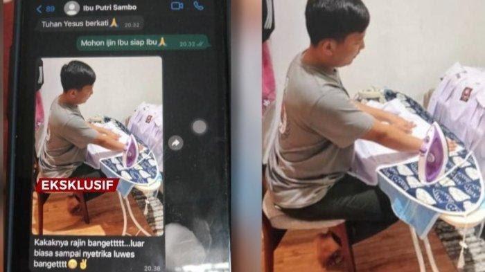 Brigadir Nofriansyah Yosua Hutabarat atau Brigadir J saat menyetrika baju anak Ferdy Sambo dan Putri Candrawathi ketika berada di rumah pribadi sang atasan di Magelang. Foto yang dikirim Putri kepada adik Brigadir J, Bripda Reza ini tersebar viral di media sosial.