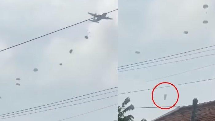 Tangkapan layar video detik-detik seorang prajurit TNI jatuh dari ketinggian saat melakukan aksi terjun.