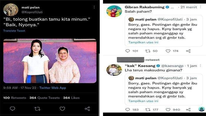 Tangkapan layar cuitan yang menghina Ibu Negara dan reaksi Gibran dan Kaesang mengomentari cuitan tersebut