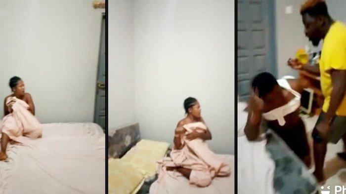 Asare (baju kuning), suami dari Jane (kiri), menangkap basah istrinya berselingkuh dengan pria yang ternyata kawan dekat Asare. Selingkuhan istrinya ini babak belur dihajar Asare dan kawan-kawannya. (TANGKAPAN LAYAR VIDEO TWITTER VIA EVA.VN)