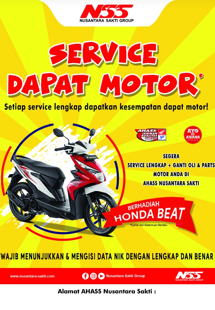 Pembelian motor Honda baik cash maupun kredit di Nusantara Surya sakti Sungailiat akan mendapatkan gratis servis dan Oli selama satu tahun sesuai syarat dan ketentuan berlaku. Syarat dan Ketentuan nya adalah konsumen wajib servis secara rutin di Ahass NSS Sungailiat mulai KPB 1-4 dan apabila konsumen tidak servis di AHASS Pembelian maka kupon gratis tersebut tidak berlaku.