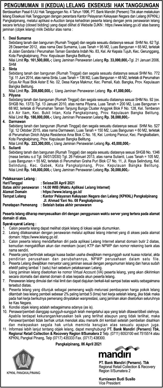 Pengumuman II(Kedua) Lelang Eksekusi Hak Tanggungan Atas Nama Desi Sumarna Dkk.