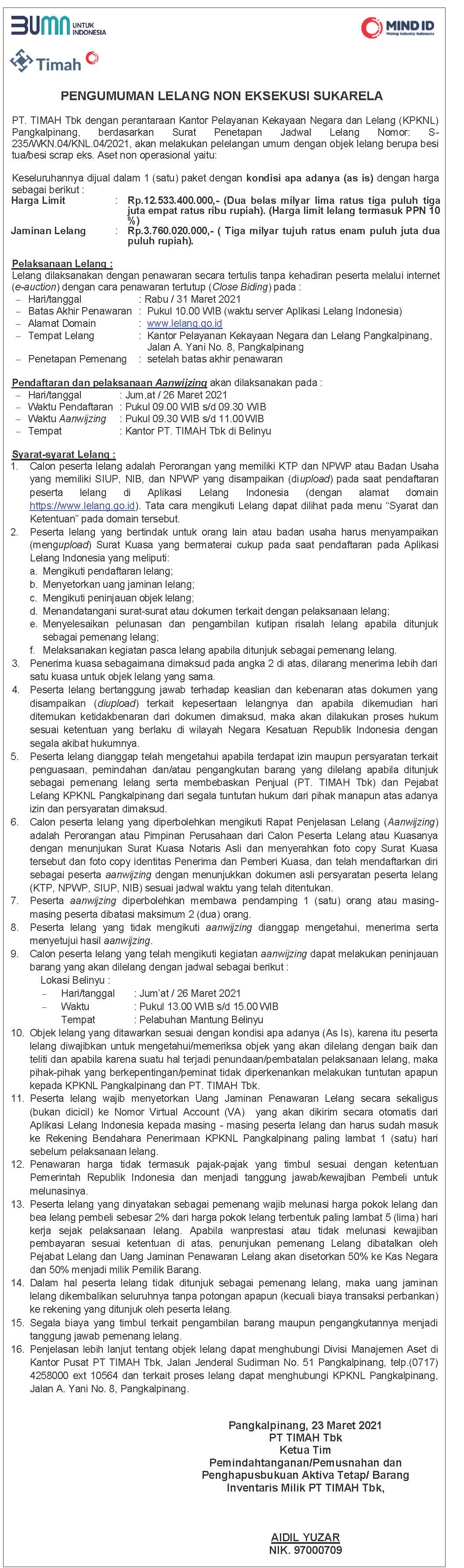 Pengumuman Lelang Non Eksekusi Sukarela Berupa Besi Tua/Besi Scrap Eks. Aset Non Operasional