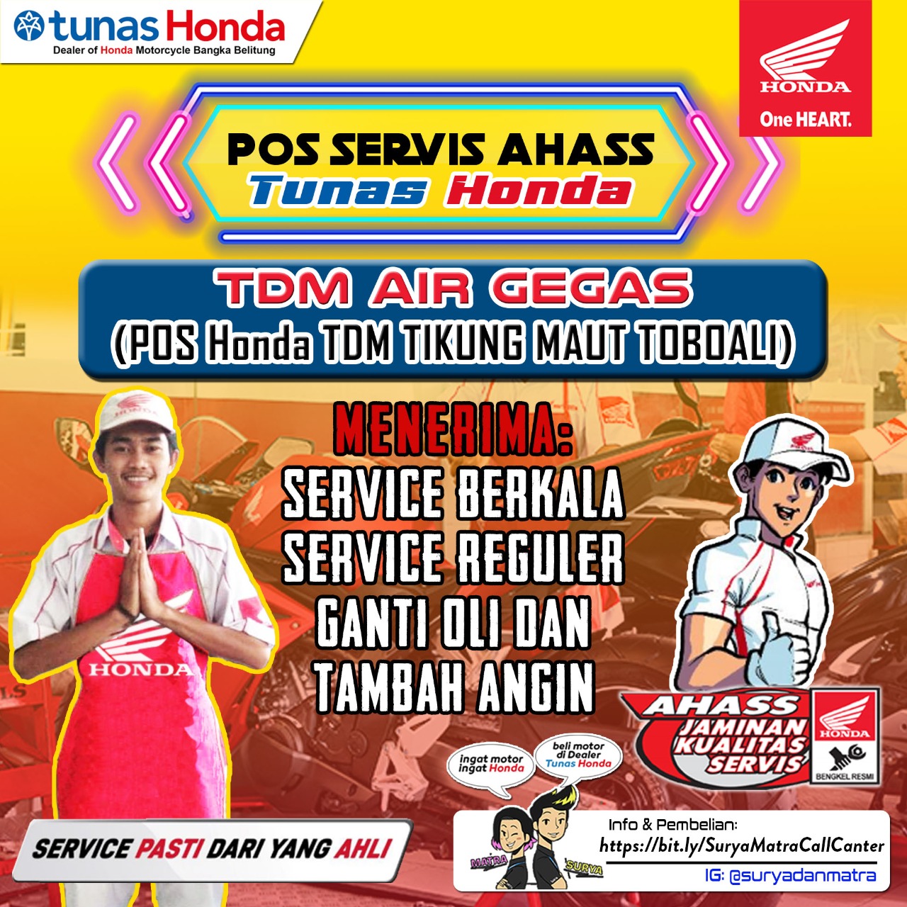 Honda TDM Air Gegas dan Honda TDM Pos Tikung Toboali hadir dengan promo hadiah langsung, baik itu pembelian secara Cash atau pun kredit di bulan Maret 2021.
Hadiah langsung berupa alat elektronik dan Oli sebanyak 2 botol dan Promo ini berlaku untuk semua type Motor Honda.