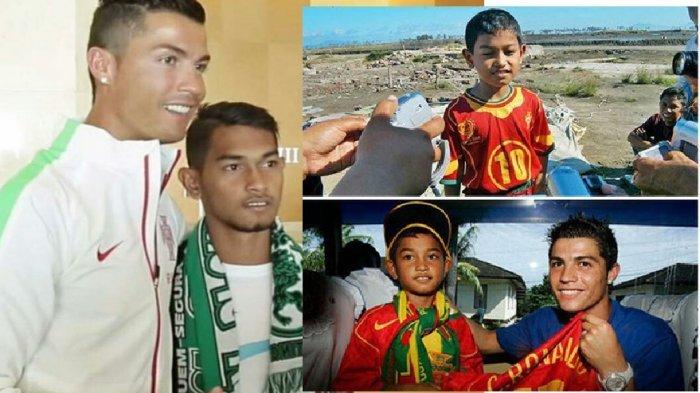 Cristiano Ronaldo dan Martunis Sarbini dan foto kenangan tahun 2004 ketika Martunis dijadikan anak angkat CR7. Ronaldo iba pada nasib Martunis, bocah korban tsunami Aceh.