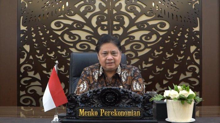 Menteri Koordinator Bidang Perekonomian Airlangga Hartarto pada saat memberikan keynote speech secara virtual