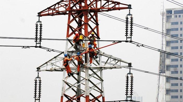 Petugas PLN tengah bekerja di ketinggian untuk meningkatkan layananan PLN.