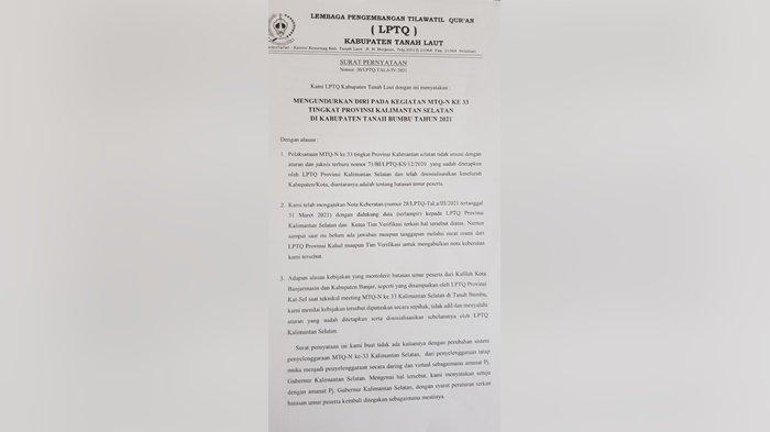 Surat pernyataan Lembaga Tilawatil Quran (LPTQ) Kabupaten Tanah Laut (Tala) mundur dari ajang MTQ ke-33 tingkat Provinsi Kalimantan Selatan, Selasa (6/4/2021).