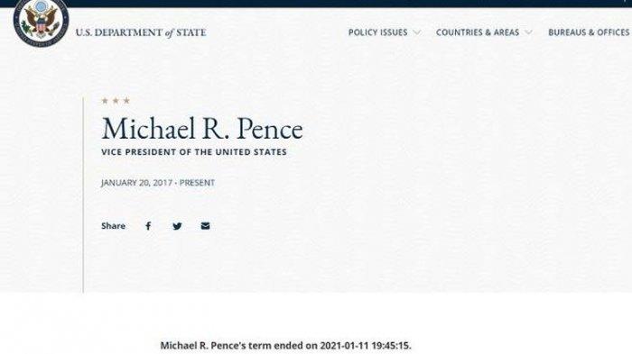 Tangkapan layar dari pengumuman di situs web Kementerian Luar Negeri AS, tentang selesainya masa jabatan Wakil Presiden Amerika Serikat Mike Pence pada Senin 11 Januari 2021 pukul 19.45 waktu setempat. Tak lama kemudian keterangan ini dihapus, dan diduga akibat peretasan atau kesalahan teknis.