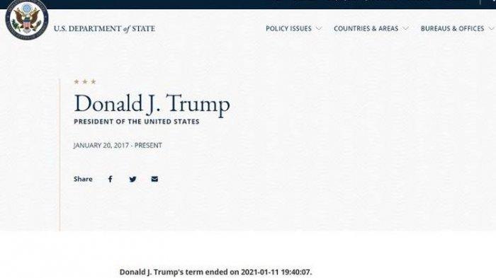Tangkapan layar dari pengumuman di situs web Kementerian Luar Negeri AS, tentang selesainya masa jabatan Presiden Amerika Serikat Donald Trump pada Senin 11 Januari 2021 pukul 19.40 waktu setempat. Tak lama kemudian keterangan ini dihapus, dan diduga akibat peretasan atau kesalahan teknis.