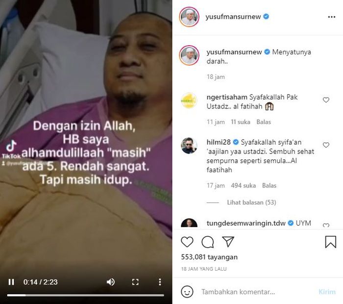 Ustaz Yusuf Mansur beberkan kondisinya yang dilarikan ke rumah sakit.