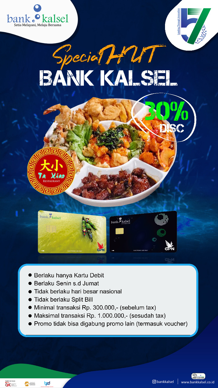 promo diskon 10% - 20% di merchant yang bekerjasama dengan Bank Kalsel baik restoran maupun cafe selama bulan Maret - Mei
2021.