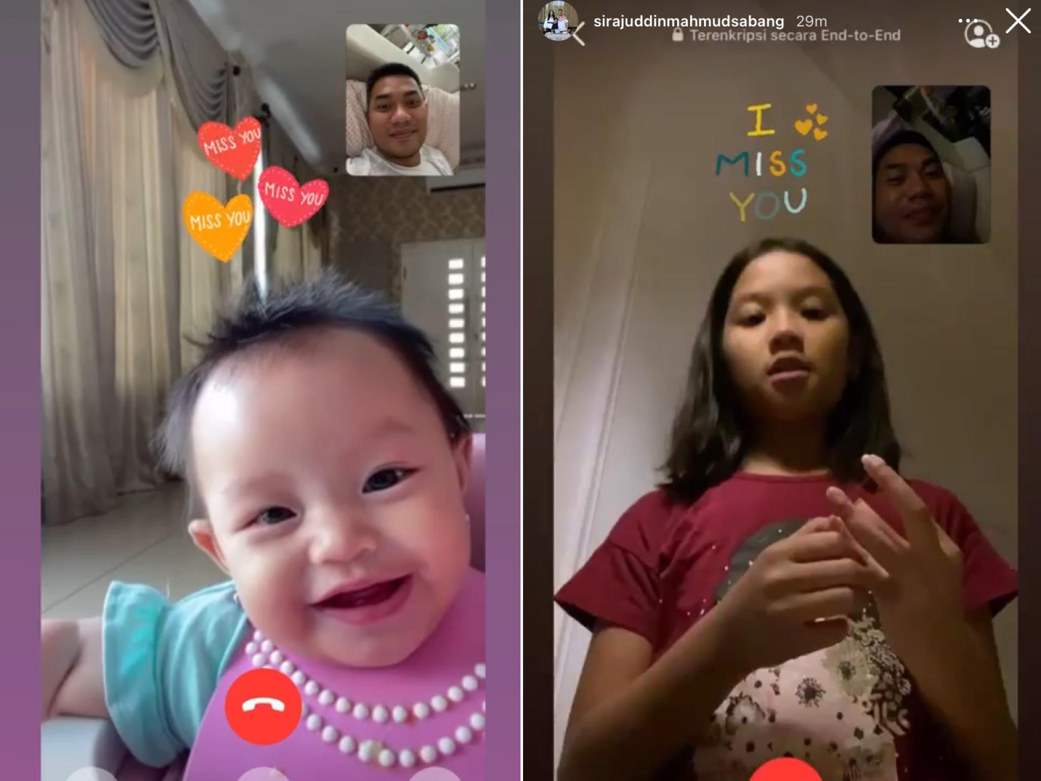 Kolase suasana video call Sirajuddin Mahmud dengan Arsila dan Aqila