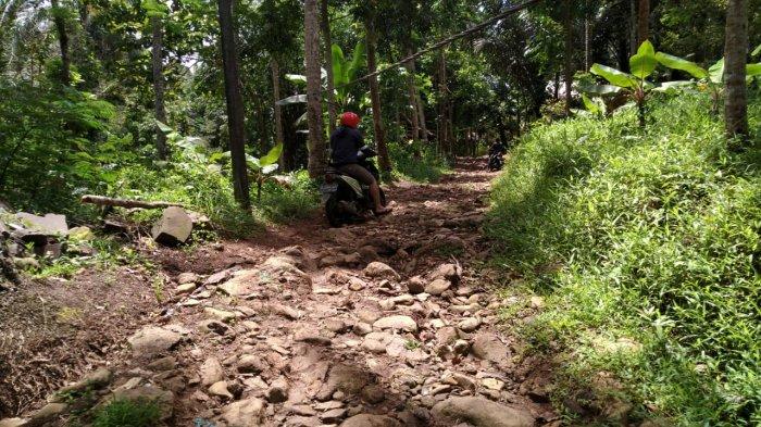 Potret keluarga miskin di Kabupaten Pandeglang - Akses jalan rusak menuju tempat tinggal keluarga miskin bernama Rusdiansyah di pedalaman hutan di Kampung Cimuncang, Desa Sudimanik, Kecamatan Cibaliung, Kabupaten Pandeglang, Sabtu (27/3/2021).