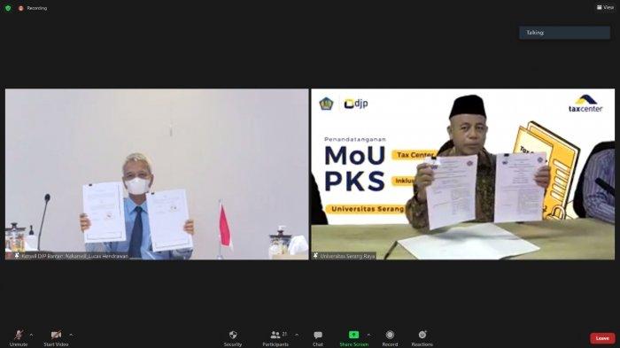 Kepala Kanwil DJP Banten Dyonisius Lucas Hendrawan menandatangani MoU pendirian Tax Center dan PKS Inklusi Perpajakan dengan Rektor Universitas Sultan Ageng Tirtayasa (Untirta) Prof DR Ir H Fatah Sulaiman dan Rektor Universitas Serang Raya (Unsera) DR M Hamdan.