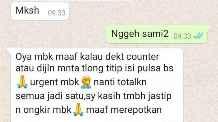 Tangkapan layar hasil chatting pelaku penipuan order fiktif dan pulsa dengan pedagang di sekitar Puskesmas Randudongkal, Kabupaten Pemalang.