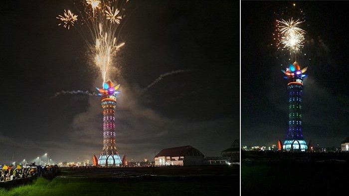 Pesta kembang api mewarnai malam pergantian tahun di Menara Pandang Teratai Purwokerto, Kabupaten Banyumas, Sabtu (31/12/2022) malam.