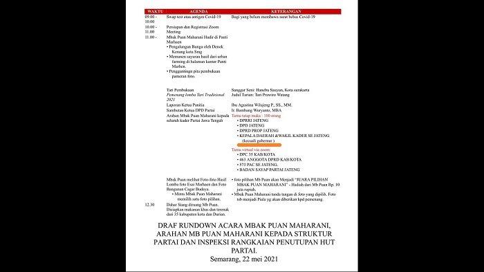 Rundown acara puncak kegiatan HUT ke-48 PDI Perjuangan di Panti Marhain, kantor DPD PDI Perjuangan Jawa Tengah, di Kota Semarang. Dalam rundown tersebut tertulis jelas kehadiran ganjar dikecualikan meski undangan tersebut ditujukan bagi seluruh kepala daerah dan wakil kepala daerah dari PDIP di Jateng.