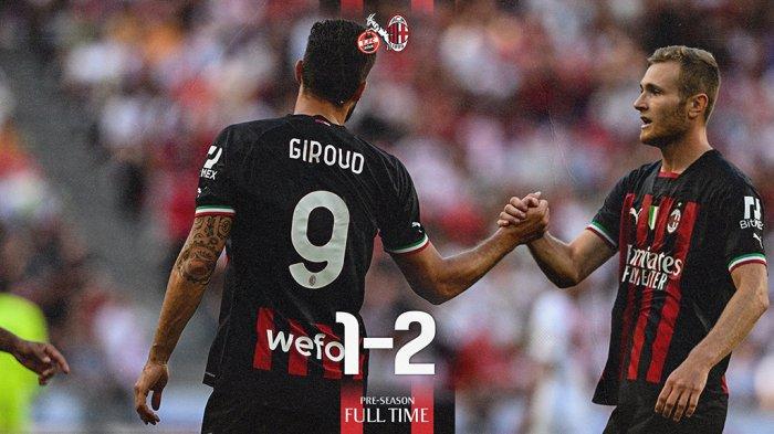 Hasil FC Koeln vs AC Milan - AC Milan menang 2-1 atas FC Koeln dalam laga ujicoba pramusim bertajauk Sieger Telekom Cup 2022, Sabtu (16/7/2022) malam atau Minggu dinihari WIB. Dua gol kemenangan AC Milan dicetak Olivier Giroud (kiri)