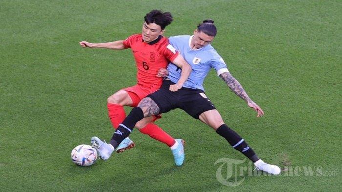 Gelandang Korea Selatan Hwang In-beom (kiri) berebut bola dengan pemain depan Uruguay Darwin Nunez (kanan) selama pertandingan sepak bola Grup H Piala Dunia Qatar 2022 antara Uruguay dan Korea Selatan di Stadion Education City di Al-Rayyan, sebelah barat Doha pada 24 November 2022. Hasil Akhir Piala Dunia 2022 Uruguay vs Korea Selatan, Taeguk Warriors Gagal Ikuti Jepang-Arab Saudi.