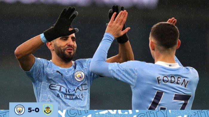 Hasil Liga Inggris Manchester City vs Burnley - Manchester City menang dengan skor 5-0 atas Burnley pada pertandingan yang berlangsung di Etihad Stadium, Sabtu (28/11/2020).