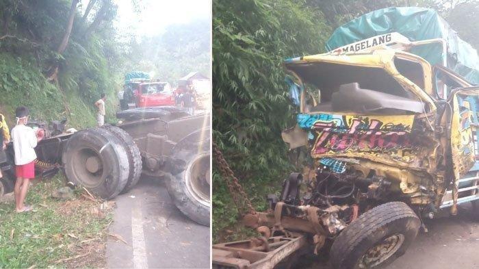 KECELAKAAN MAUT - Beginilah Kesaksian Korban Kecelakaan Maut Kalijambe, Tubuh Bergelimpangan dan Rintihan Minta Tolong. FOTO: Kondisi kendaraan yang terlibat kecelakaan lalu lintas di sekitar tanjakan Kalijambe jalan lintas Magelang-Purworejo, Kamis (9/4/2021)