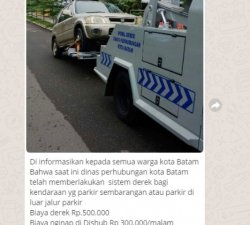 HOAKS, Informasi Derek Paksa dan Denda Mobil yang Parkir Sembarangan di Batam. Ini Penjelasan Dishub