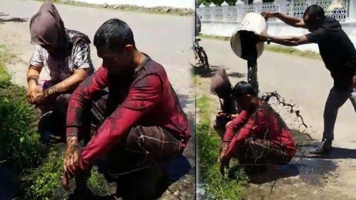 Pasangan selingkuh yang digerebek warga Cot Mesjid, Kecamatan Lueng Bata, Kota Banda Aceh, Ahad (18/4/2021) dan dimandikan air comberan