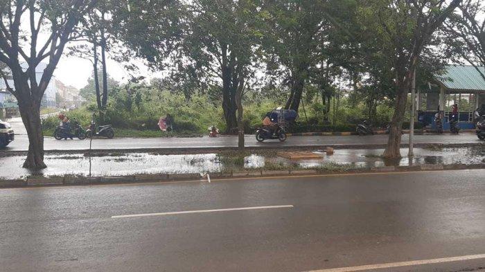 Pohon Tumbang di Batam Ancam Pengguna Jalan, Kapolsek Sagulung Minta Warga Waspada. Foto warga yang sedang berteduh dibawah pohon saat hujan mengguyur Kota Batam, Rabu (13/1/2021).