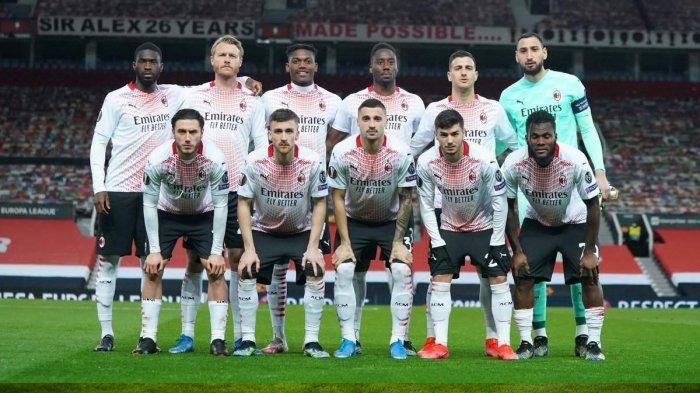 Skuad AC Milan saat menghadapi Manchester United di Old Trafford di leg 1 babak 16 besar Liga Europa 2020-2021