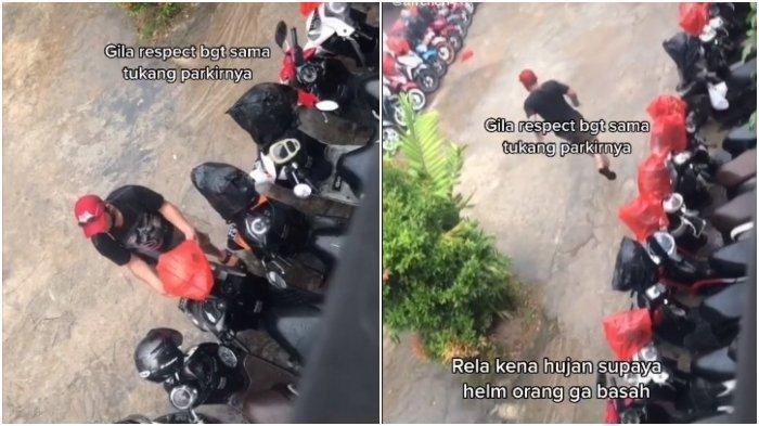 Aksi seorang tukang parkir yang rela kebasahan diguyur hujan demi menyelamatkan helm pelanggan menjadi perbincangan di lini masa sosial media.
