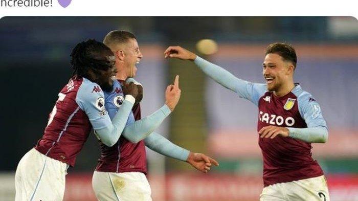 Gelandang Aston Villa, Ross Barkley (tengah), merayakan gol ke gawang Leicester City dalam laga Liga Inggris di Stadion King Power, Minggu (18/10/2020).