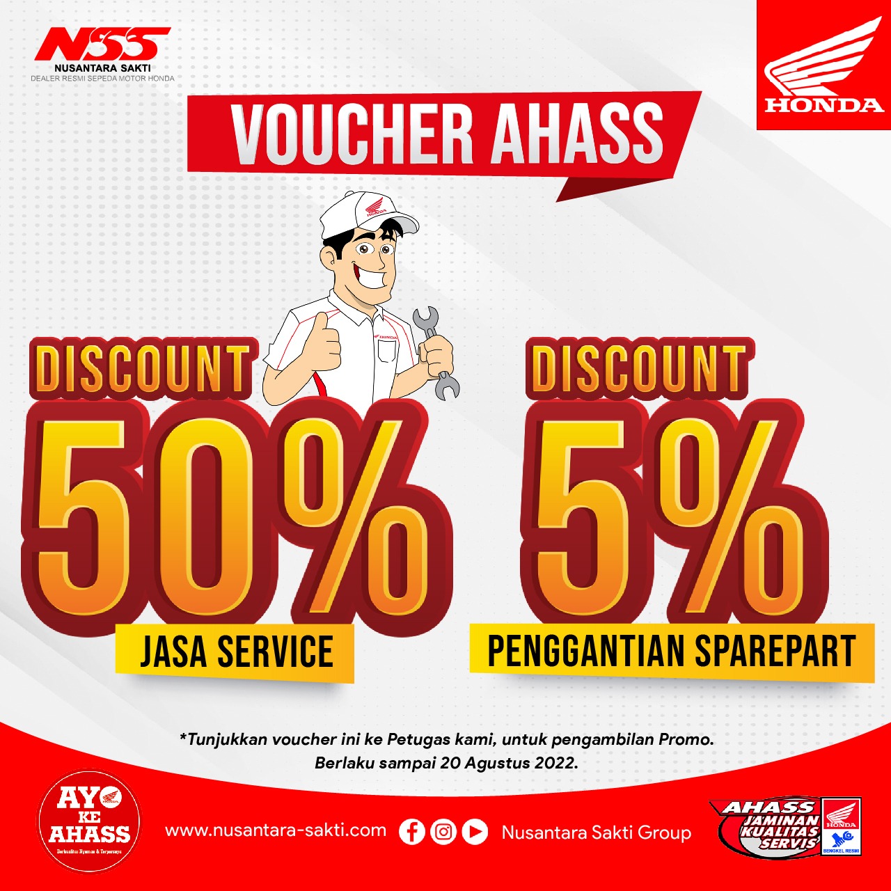 Promo AHASS NSS Manggar untuk bulan Agustus ini yakni terdapat Voucher AHASS yang mana terdiri dari Discount 50 persen jasa Servis dan Dicount 5 % penggantian sparepart.