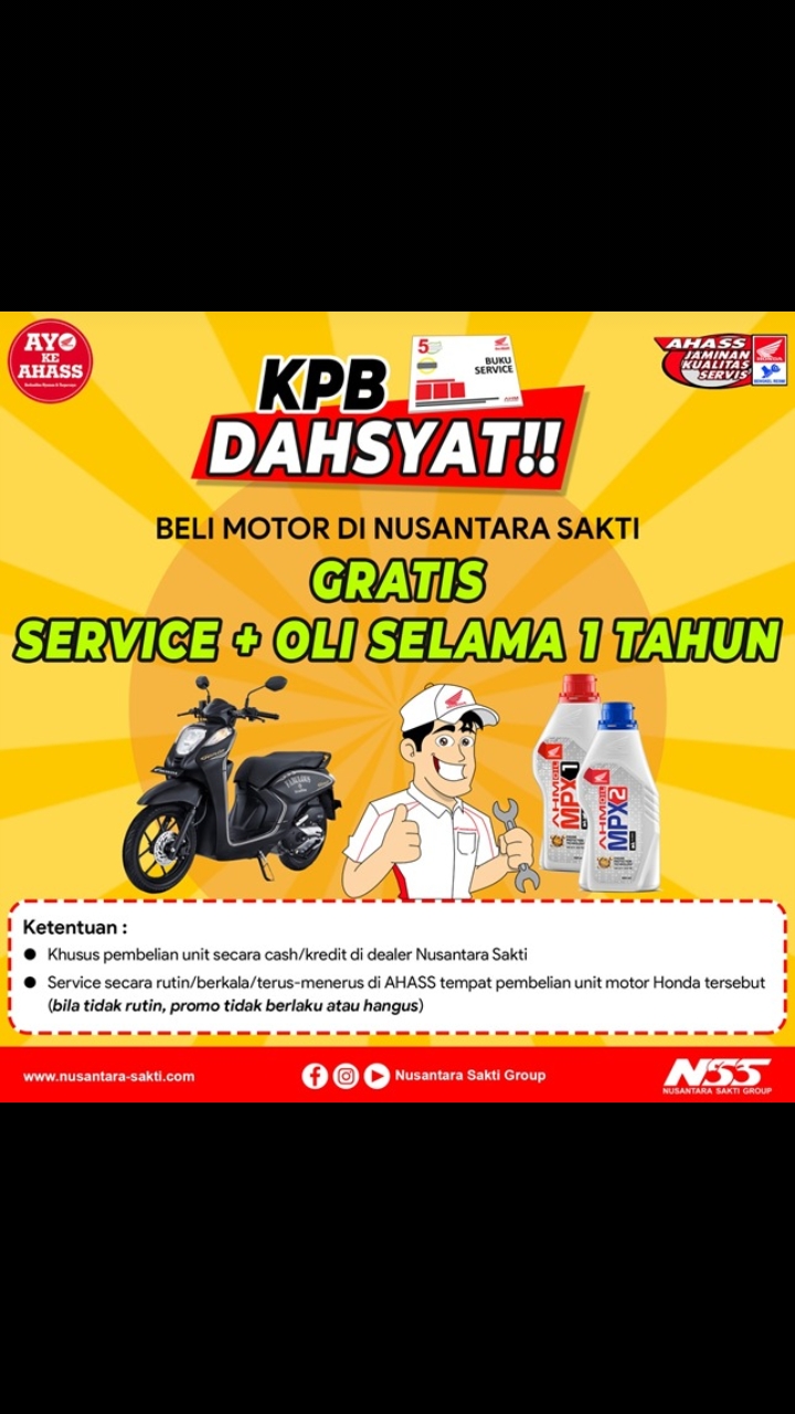 DAHSYATTTTT !!!! GRATIS OLI DAN SERVICE SETAHUN,
HANYA DI NUSANTARA SURYA SAKTI PANGKAL PINANG