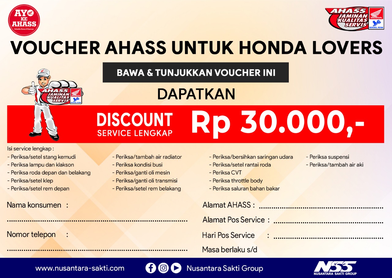 PT Nusantara Surya Sakti akan mengadakan virtual expo pertama di tahun 2021 yang dilaksanakan pada tanggal27-28 januari 202. - Voucher AHASS untuk honda lovers ( Rabu, 26/01/2021)