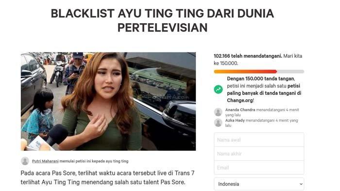Petisi boikot Ayu Ting Ting tembus angka 102.000